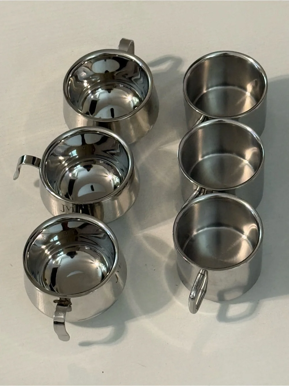 Set of 6: Polished Stainless Steel Coffee Cup and 3 serving bowls Mazda & JVL